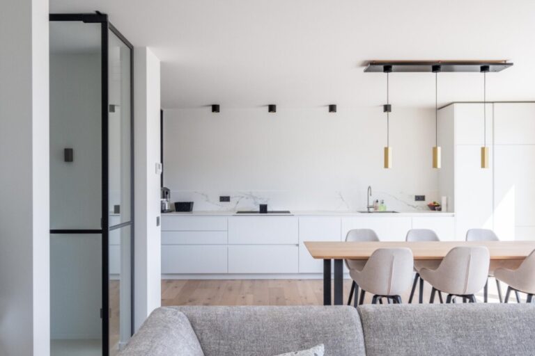 Woonkamer: Glazen draaideur met steellook.