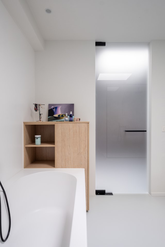 Badkamer - pivoterende deur in gezuurd of acide mat glas